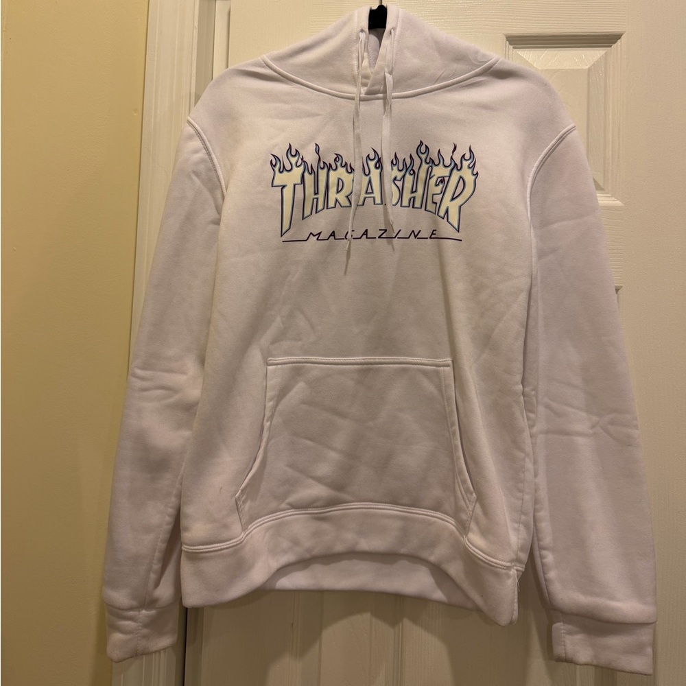 Thrasher White Hoodie with Purple Flames